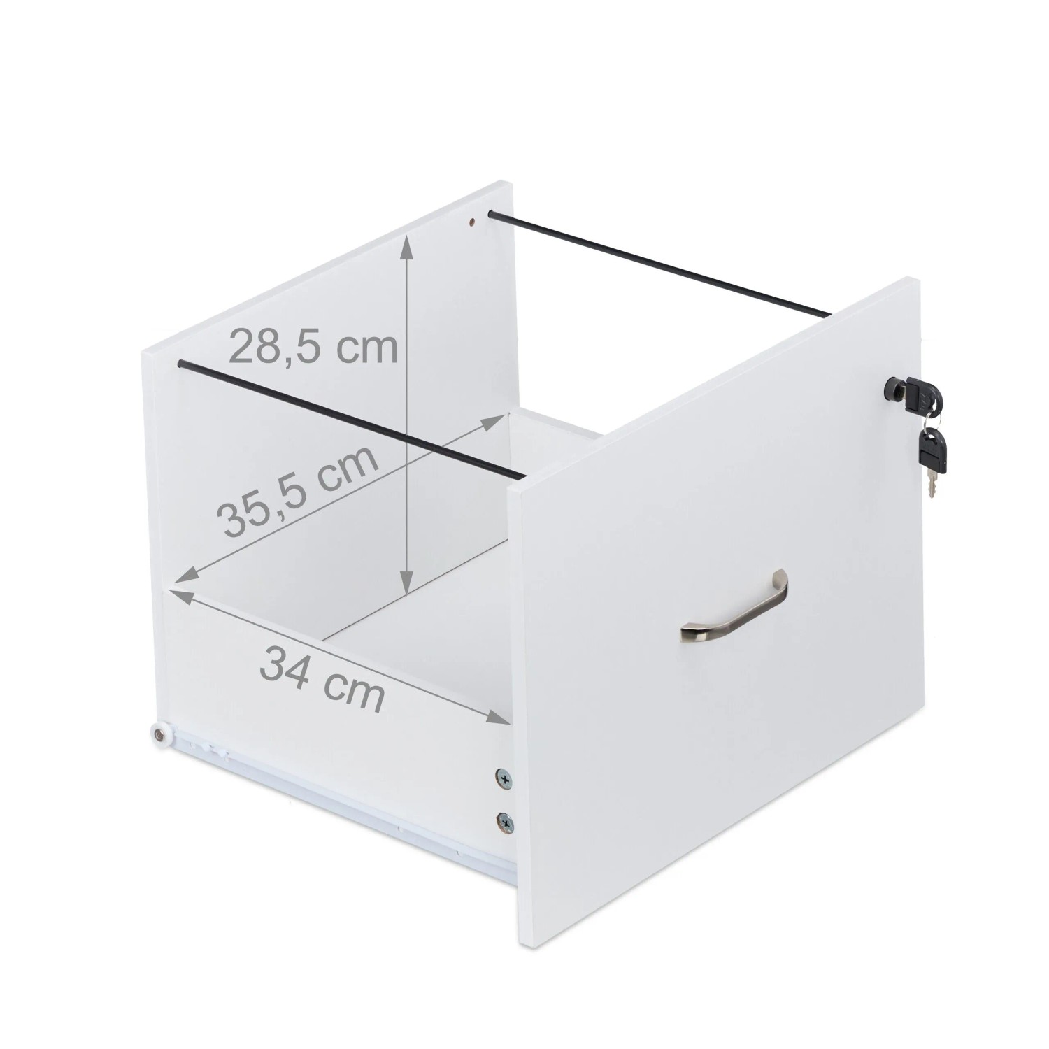 Offene Schublade des weißen Relaxdays Rollcontainers mit Hängeregister und Schloss.