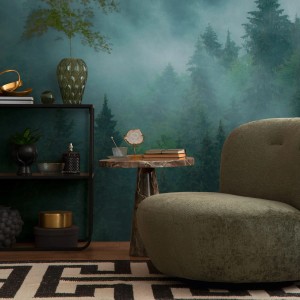 PROFHOME Fototapete Wald in Grün, Blau und Petrol. Matte Vliestapete mit Waldmotiv.