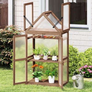 Costway 3-stöckiges Mini Gewächshaus mit Dach Braun 71x41x145cm