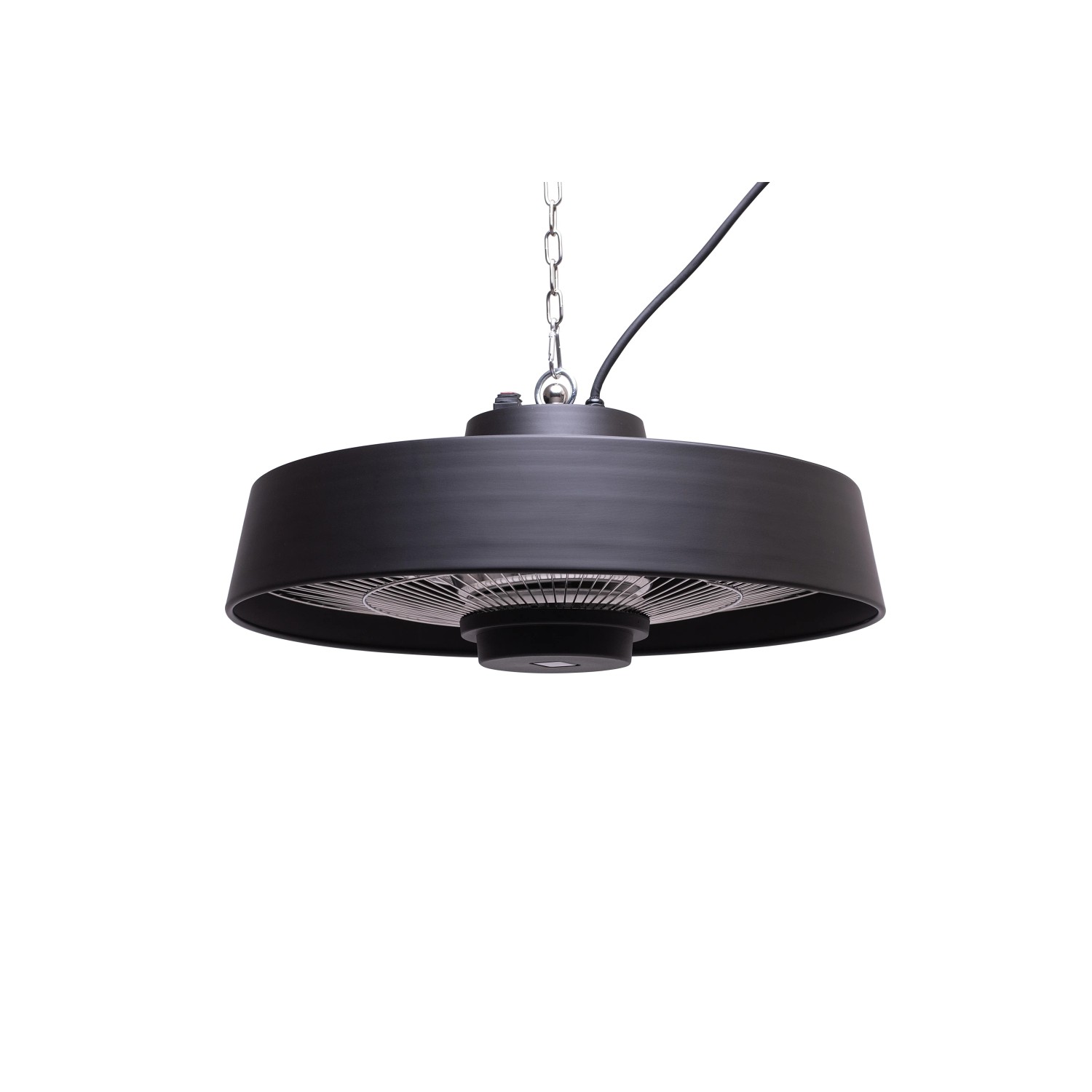 Schwarzer Westmann Infrarot-Deckenstrahler Fusion, hängend an einer Kette.