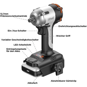 Litheli Akku-Schlagschrauber mit 2,5 Ah Akku. Kabelloser Schrauber mit LED-Licht und Gürtelclip.