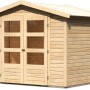 Karibu Holz-Gartenhaus Aesch, unbehandelt mit Satteldach und Doppeltür mit Fenstern.