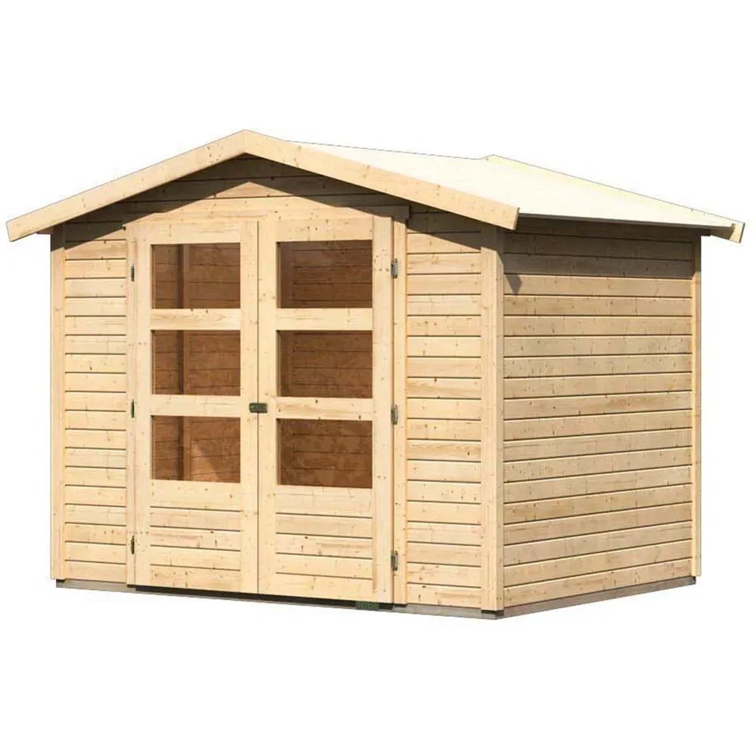 Karibu Holz-Gartenhaus Aesch, unbehandelt mit Satteldach und Doppeltür mit Fenstern.