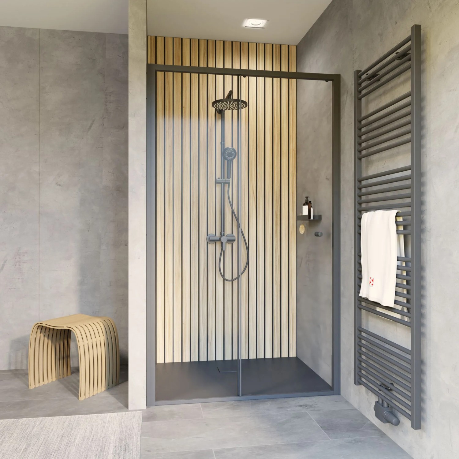 Schulte Schiebetür Trend 2.0 in Mattschwarz, 200x140 cm, für Nische im Badezimmer.