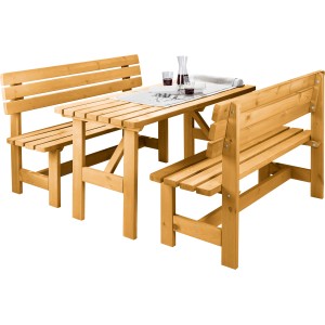 3-teiliges Wilk Gartenmöbel-Set Robusto aus honigbraunem Kiefernholz mit Tisch und Bänken.