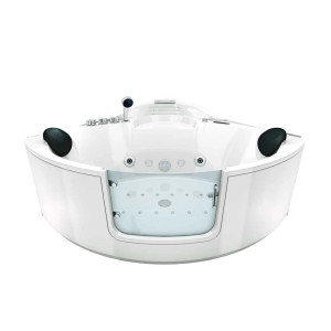 Weiße AcquaVapore Eck-Badewanne W60-SC 140x140 mit Tür und Whirlpoolfunktion.