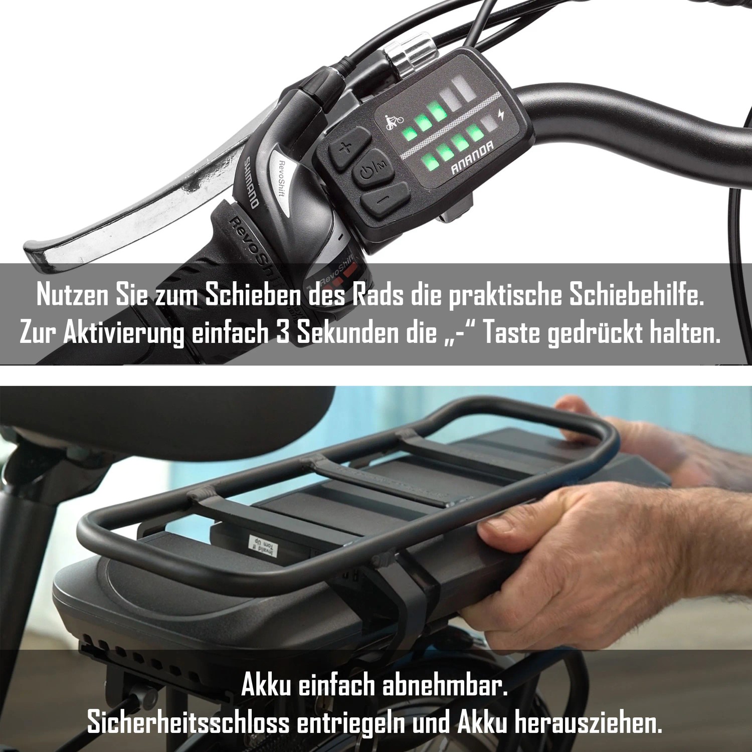 Telefunken E-Bike: Detailaufnahme von Bedienelementen und abnehmbarem Akku am Trekkingrad.