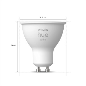 Philips Hue GU10 LED-Leuchtmittel, 2er-Pack, warmweißes Licht, Abmessungen sind dargestellt.