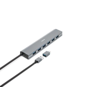 Hama USB-Hub mit 7 Ports, USB 3.2 Gen1, USB-C Adapter und Netzteil in Grau.