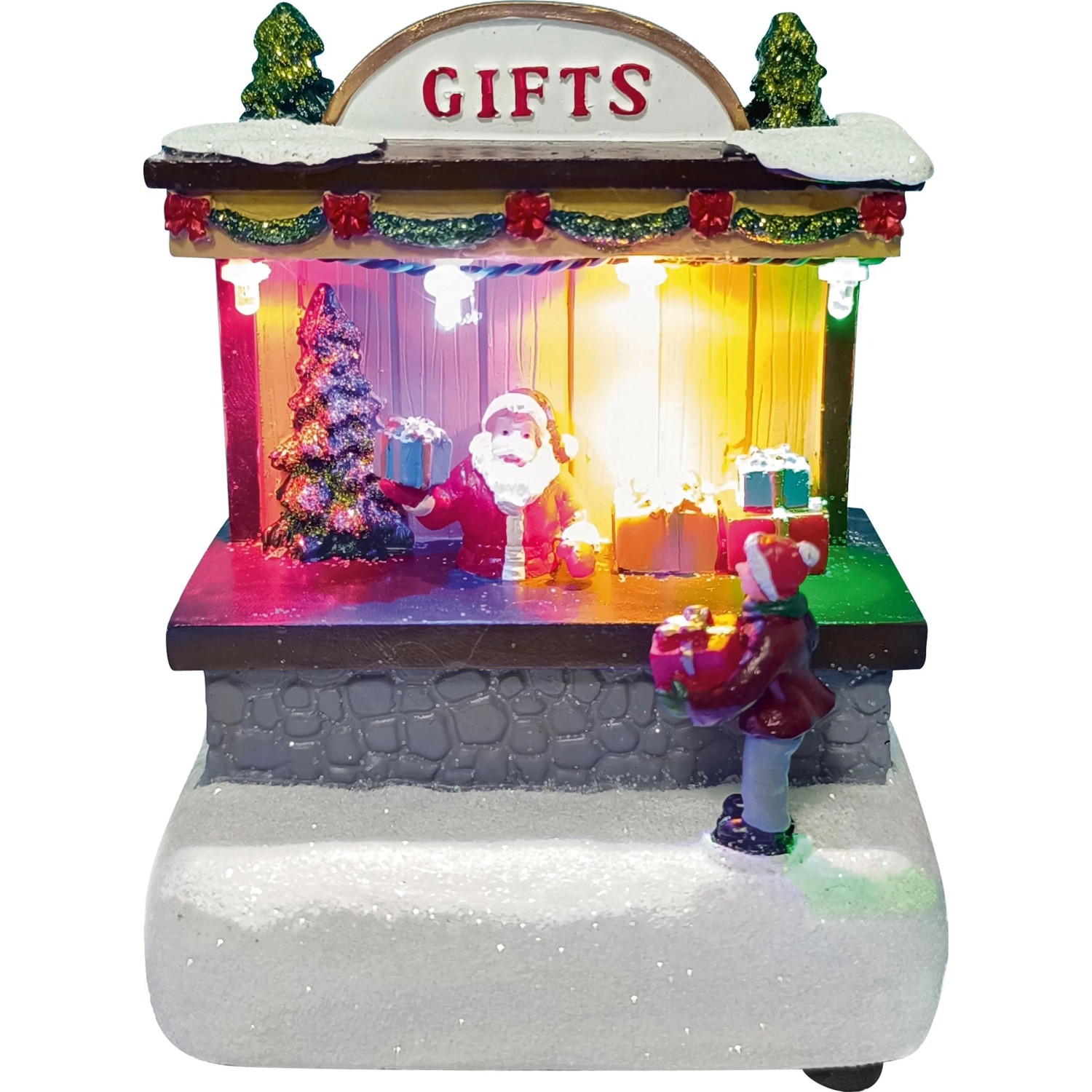 Beleuchtete Weihnachtsdorf Figur aus Polyresin: Santa Claus und Kind vor einem Geschenkeladen im Schnee. Festliche Weihnachtsdekoration.