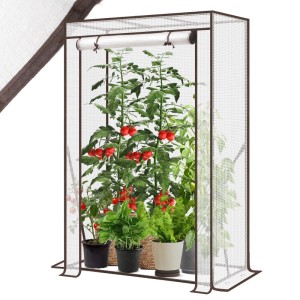 Sekey Foliengewächshaus 100x50x150 cm mit PE Gitterfolie, Tomaten und Pflanzen. Rolltor offen, brauner Rahmen.