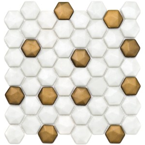 Mosaikmatte Ebru Hexagon aus Glas in Weiß und Gold, 29x29 cm.