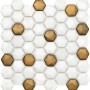 Mosaikmatte Ebru Hexagon aus Glas in Weiß und Gold, 29x29 cm.