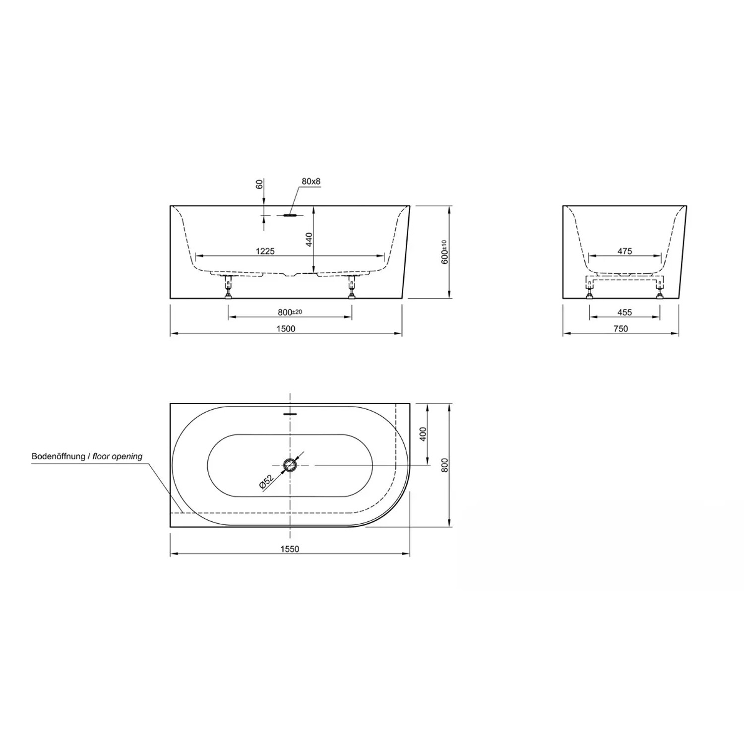 Technische Zeichnung: Ottofond Mince Corner XS Eckbadewanne rechts, 155x80 cm, Maße und Details.