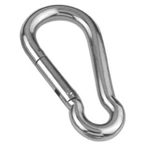 Verzinkter Seilflechter Karabinerhaken, 100x10 mm, mit offenem Auge und birnenförmiger Form.