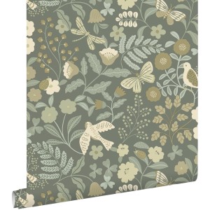 ESTAhome Tapete Blumen und Vögel Graugrün 50 x 900 cm