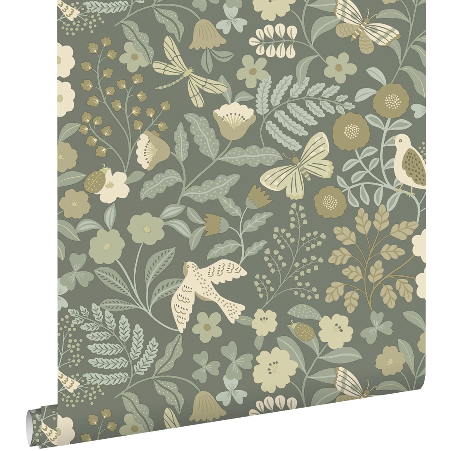 ESTAhome Tapete Blumen und Vögel Graugrün 50 x 900 cm günstig online kaufen