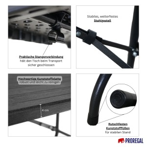 Detailansicht CHEFGASTRO Buffettisch: Stangenverbindung, Stahlgestell, Platte, Füße.