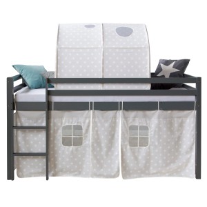 Homestyle4u Hochbett 90x200 mit Vorhang und Tunnel in Grau Sterne 1876