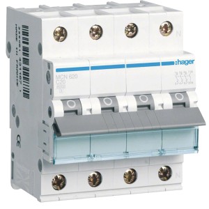 Hager Leitungsschutzschalter C20A 3P+N, 4-polig, für den Schutz von Stromkreisen.