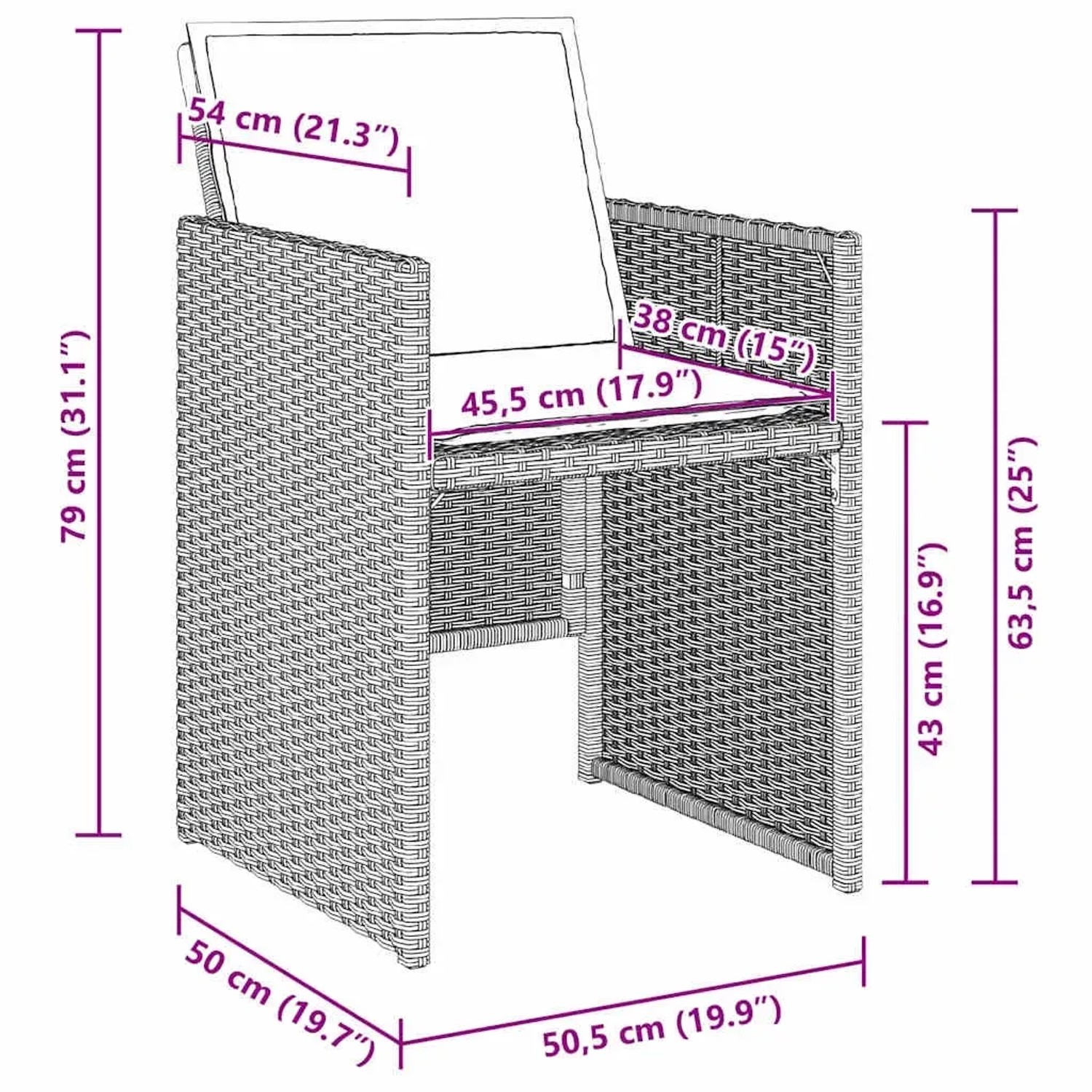 vidaXL Garten Essgruppe, 5-teilig, hellgraues Poly Rattan, Abmessungen des Stuhls.