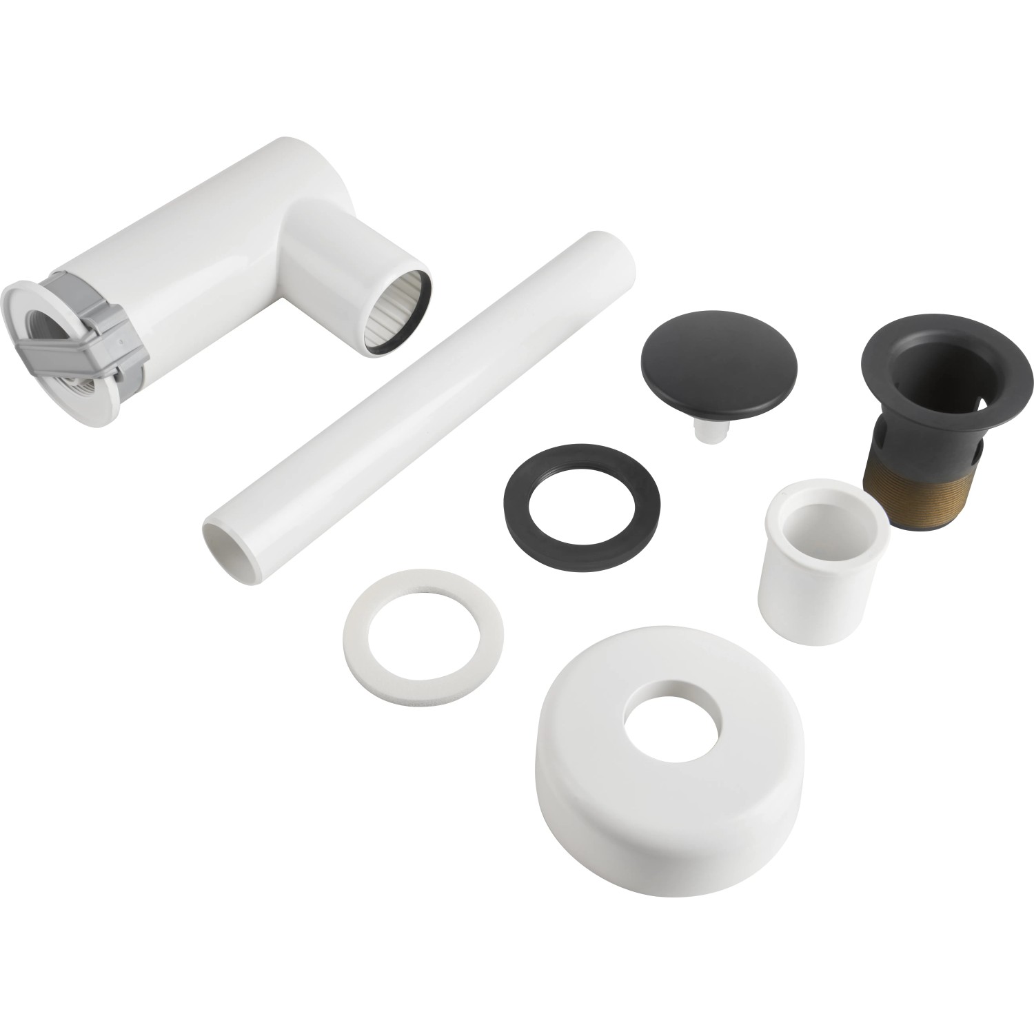 Prevex EasyClean Siphon mit Pop-Up-Ventil, schwarz/weiß, Einzelteile im Überblick.