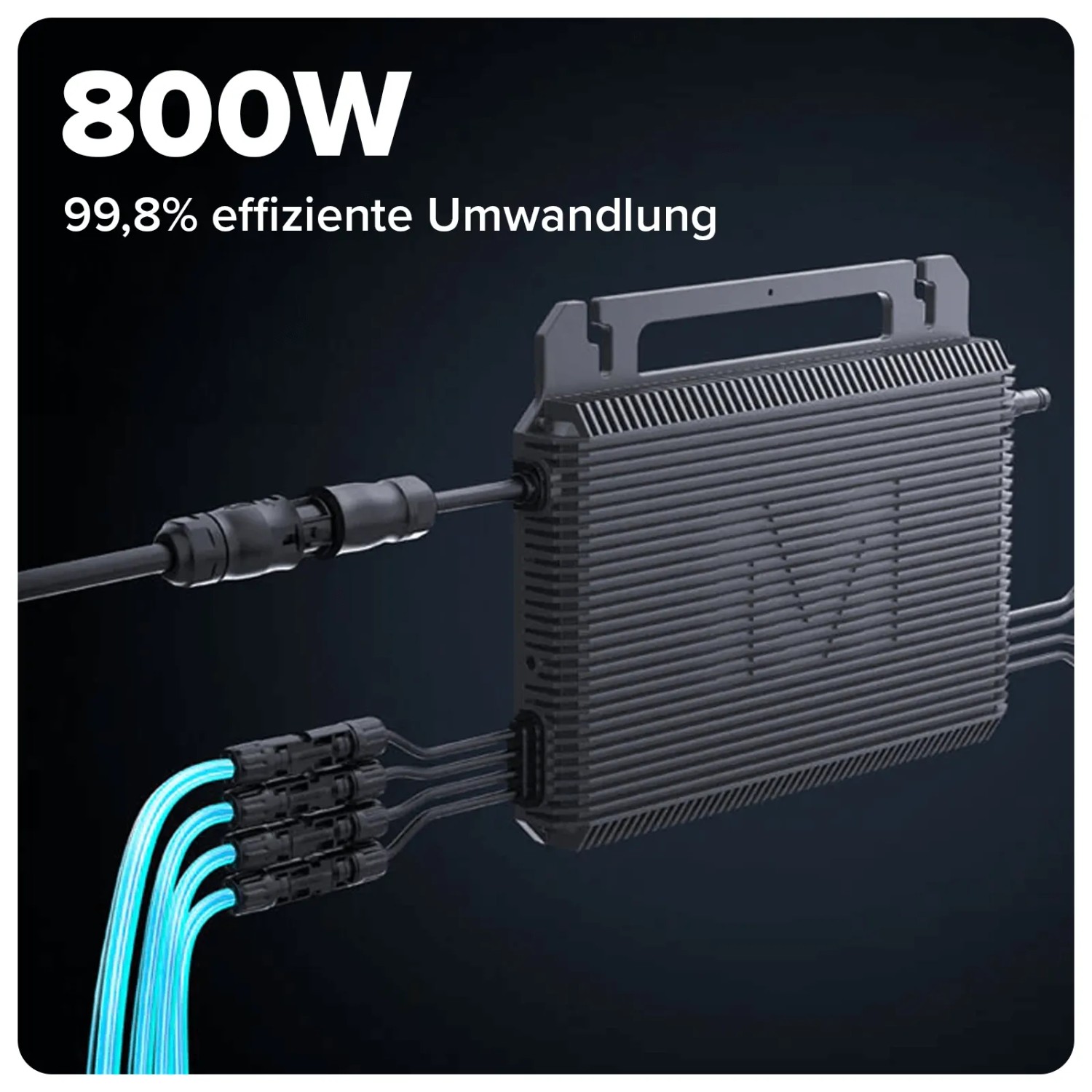 Dunkelgrauer MARSTEK 800W Mikro-Wechselrichter mit leuchtenden Kabeln für Balkonkraftwerk. 99,8% effiziente Umwandlung.