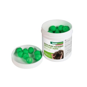 Windhager Maulwurfabwehr Kugeln, 50 Stück, in Dose und auf Deckel. Grüne Kugeln zur Maulwurfvertreibung.