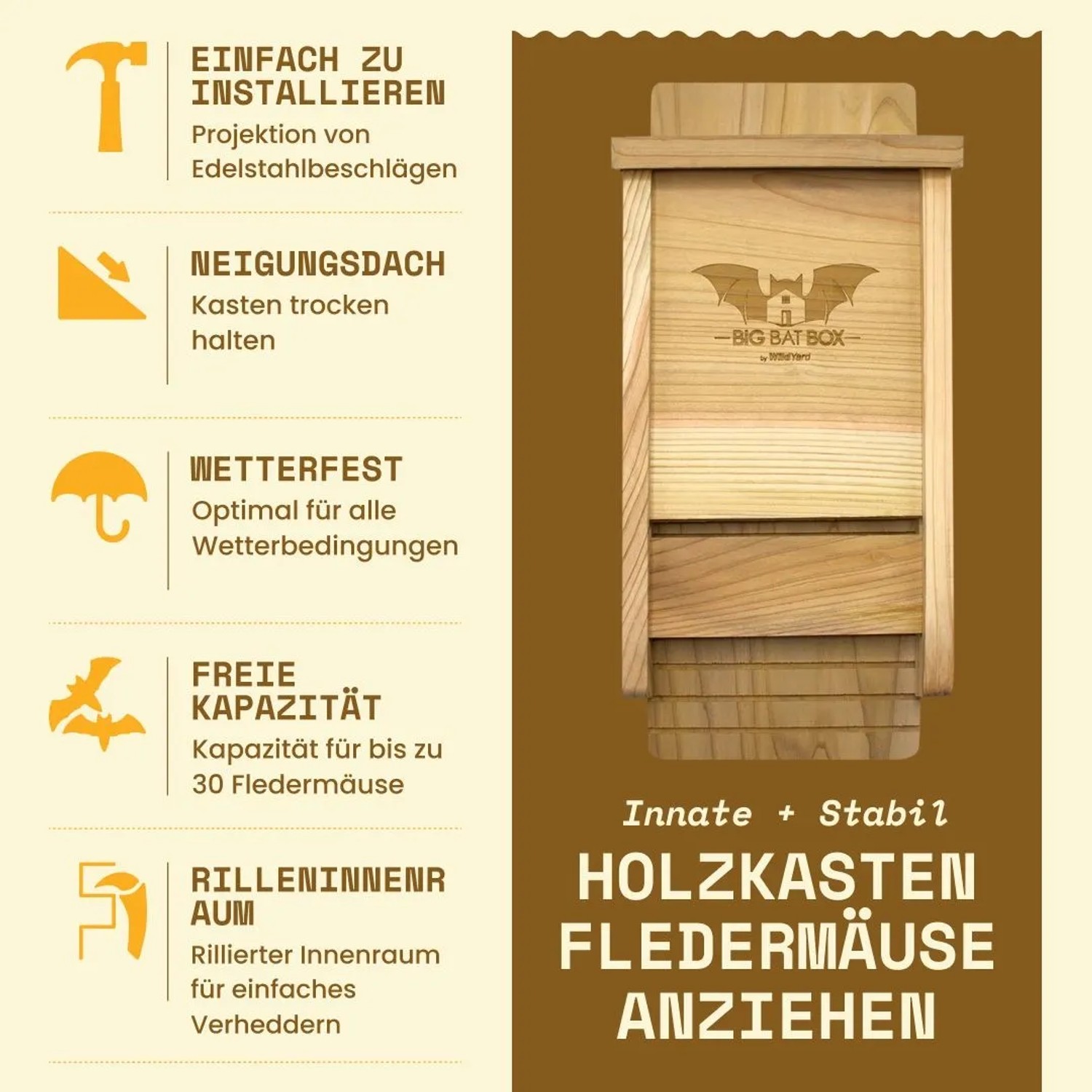 Wild Yard Fledermaushaus aus Zedernholz für bis zu 50 Fledermäuse. Natürlicher Mückenschutz.