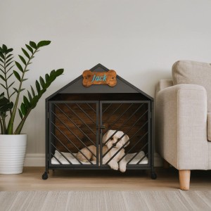Relaxdays Hundekäfig Stahl MDF mit Rollen 73 cm x 70 cm x 53 cm