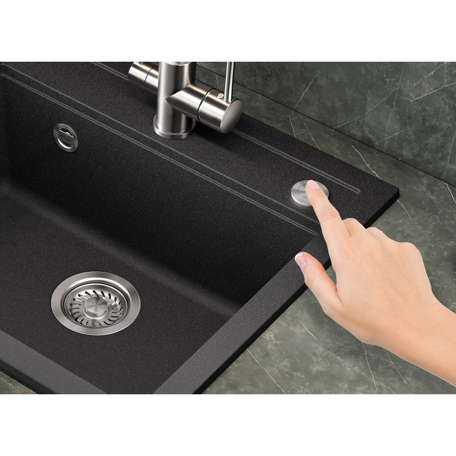 Helika Einbauspüle Quadro 56 cm x 51 cm Schwarz inkl. Druckknopfventil_5