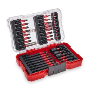 Einhell Impact Bit-Set, 38-teilig im M-Case, verschiedene Schraubenzieher-Bits und Stecknüsse in roter Aufbewahrungsbox.