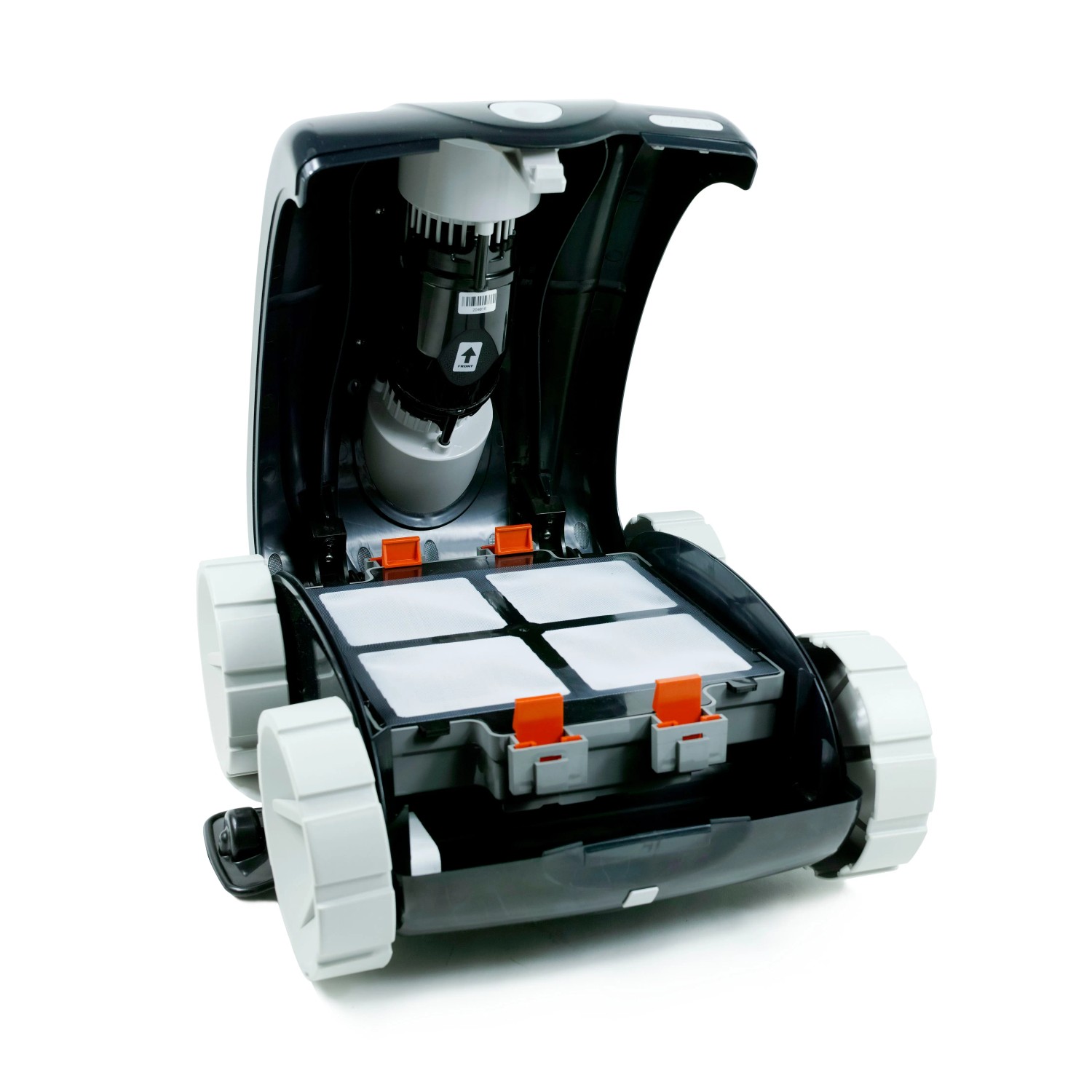 Interline Poolroboter Jellyfish 5220 mit geöffnetem Filterfach und Filterkartuschen.