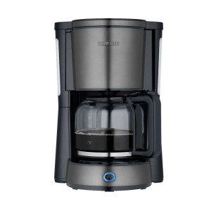 Severin Filterkaffeemaschine KA 9340 in Anthrazit mit Glaskanne und blauer Betriebsanzeige.