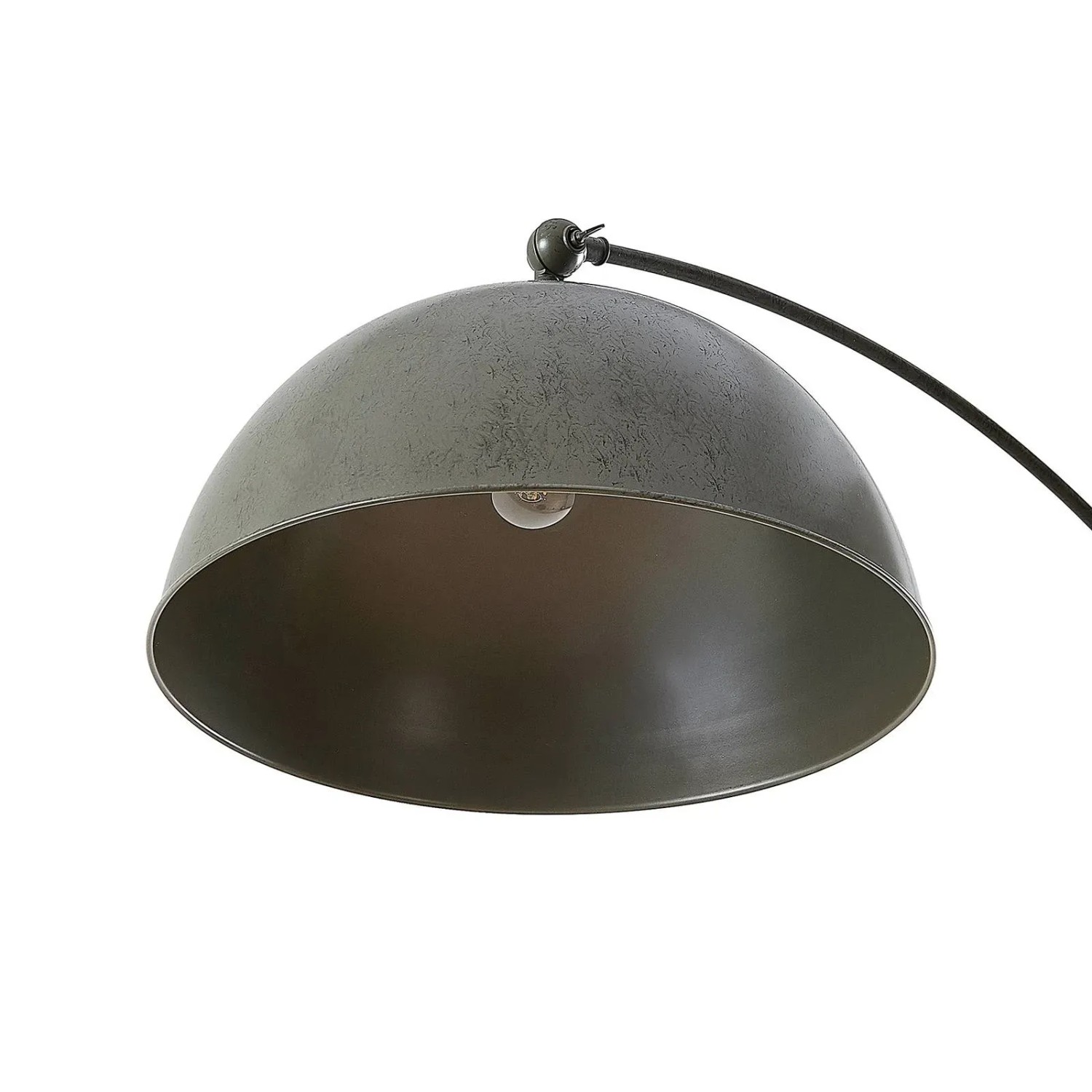 Detailaufnahme: Graue Lindby Bogenlampe Jonera mit E27 Fassung. Wohnzimmerleuchte aus Metall.