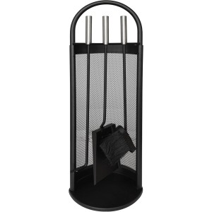 Schwarze Lienbacher Kamingarnitur, 3-teilig mit Besen, Schaufel und Schürhaken im Ständer.