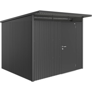 Biohort Metall-Gerätehaus AvantGarde A6 in Dunkelgrau-Metallic mit Standardtür.