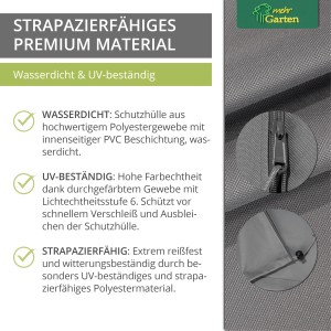 Detailansicht: Mehr Garten Premium Schutzhülle für Ampelschirm, robust, wasserdicht und UV-beständig.