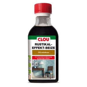 Flasche Clou Rustikaleffekt-Beize, mittelbraun, für grobporige Hölzer.