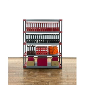 Grau-rotes Kunststoffregal Grey Bear mit Ordnern und Boxen, 180x150x46 cm, Fachlast 70 kg.