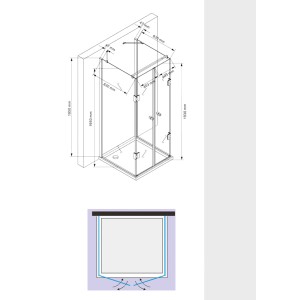 Glaszentrum Hagen U-Duschkabine 90x90x90x195cm, Silberrahmen, inkl. Duschtasse, Maßzeichnung.