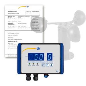 PCE Instruments Anemometer WSAC 50-111: Windwarngerät mit digitaler Anzeige und Kalibrierschein.