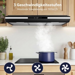 CIARRA Einbau-Dunstabzugshaube 90cm, schwarze Unterbauhaube mit LED-Beleuchtung über Kochfeld.