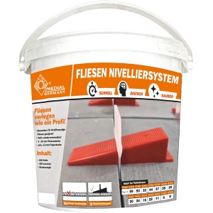 Medial Starter Set Fliesen-Nivelliersystem im Eimer, mit Keilen und Laschen für präzises Fliesenlegen.