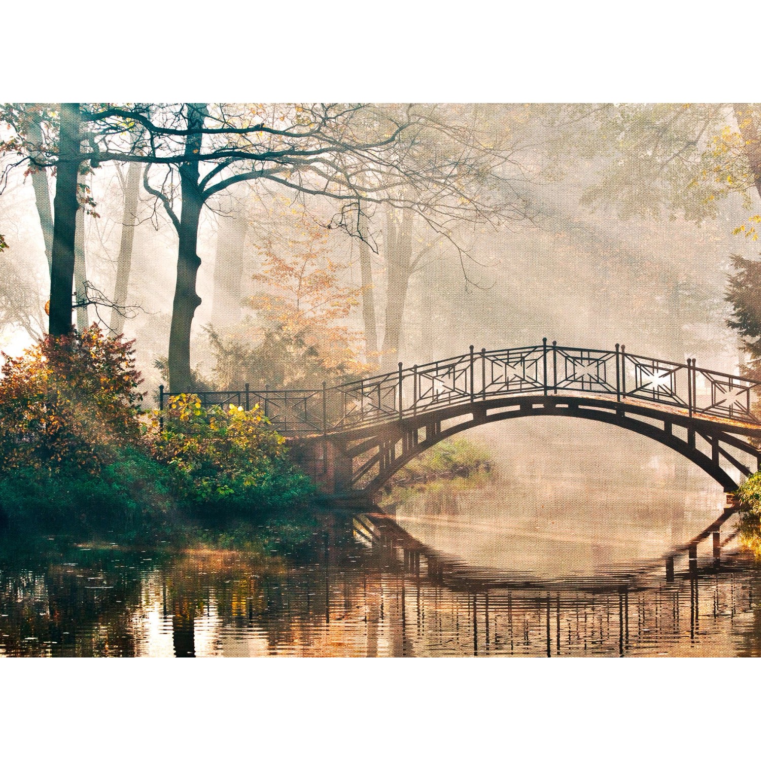 Fototapete Brücke Fluss Wald Grün Braun Weiß 3,50 m x 2,55 m FSC®