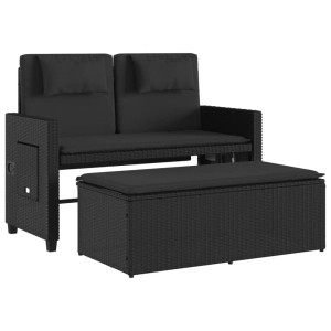Schwarze VidaXL Gartenbank aus Poly Rattan mit verstellbarer Rückenlehne und Kissen.