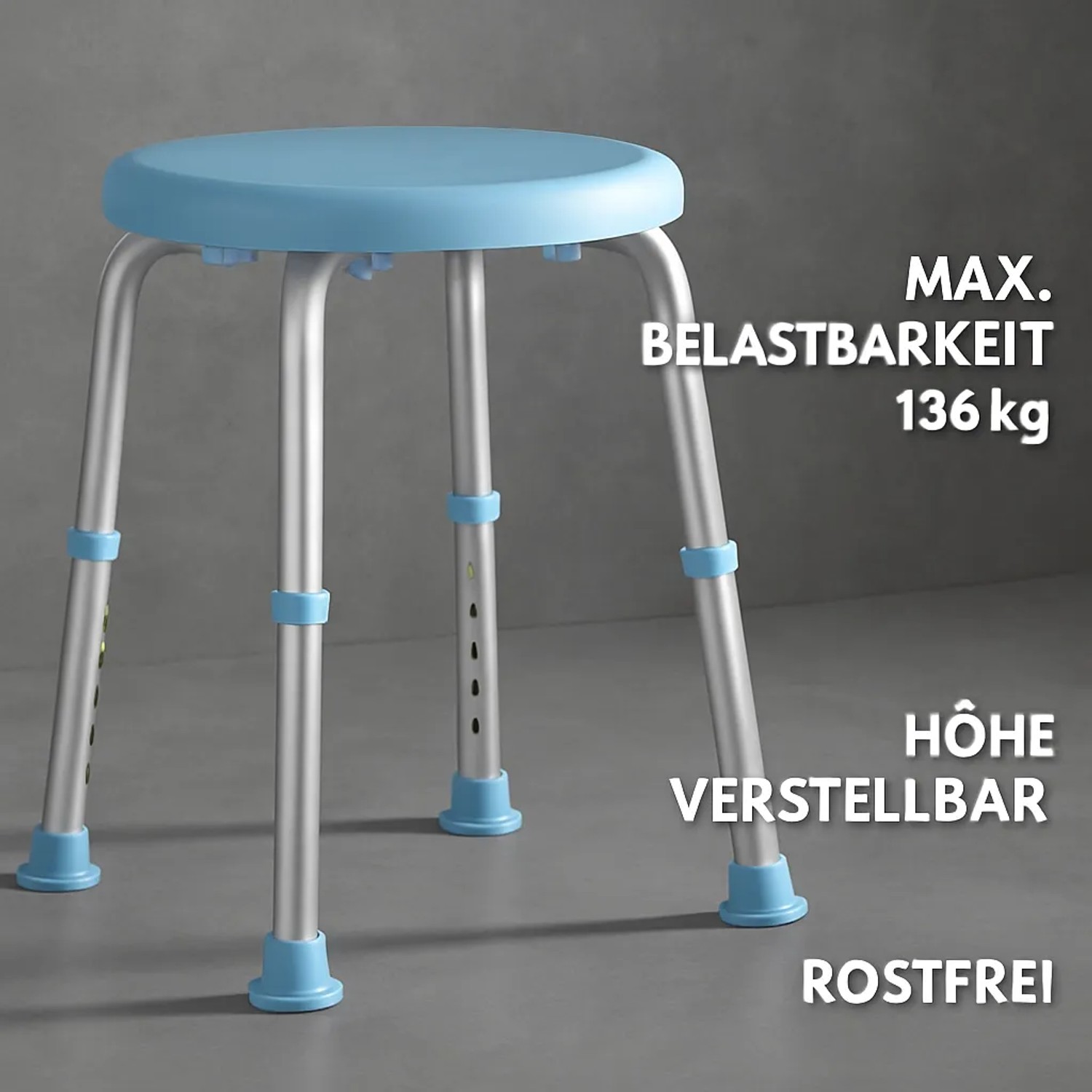 Floordirekt Duschhocker Pedro, blau, höhenverstellbar, drehbar, rostfrei, rutschfest, bis 136 kg.