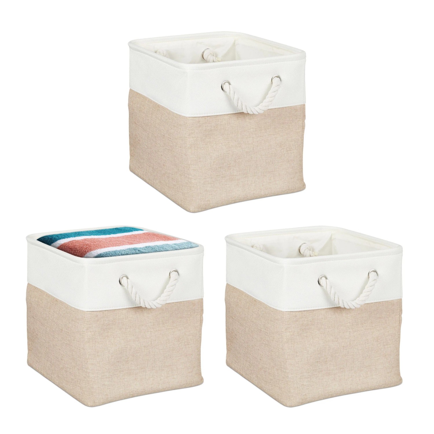 Relaxdays Aufbewahrungskorb Leinen Beige 3er Set 28 cm x 28 cm x 28 cm