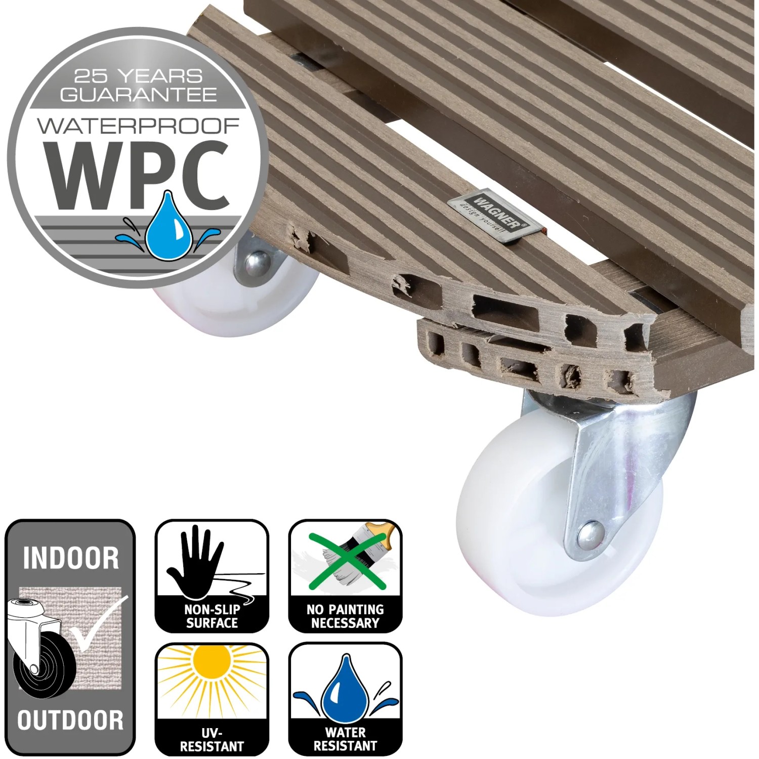 Wagner WPC Pflanzenroller, taupe, Ø 38,5 cm, mit Rollen für Innen- und Außenbereich.