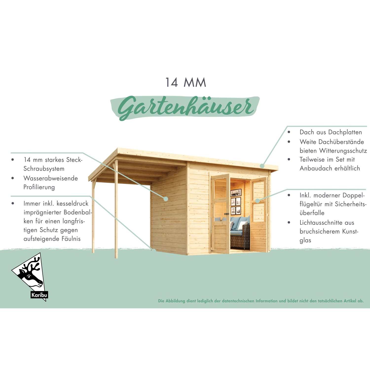 Karibu Gartenhaus Vellinge mit Anbaudach, vorvergraut, aus Holz. Ideal als Gerätehaus.